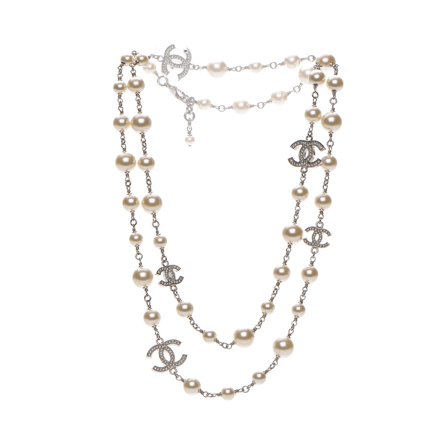 Crystal Pearl CC Long Necklace Silver