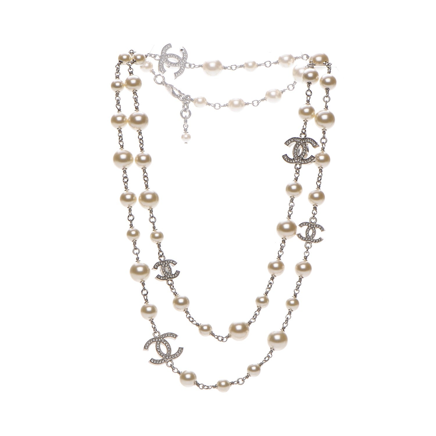 Chanel Crystal Pearl CC Long Necklace Silver 3 of 6