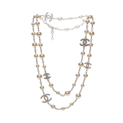 Chanel Crystal Pearl CC Long Necklace Silver 3 of 6