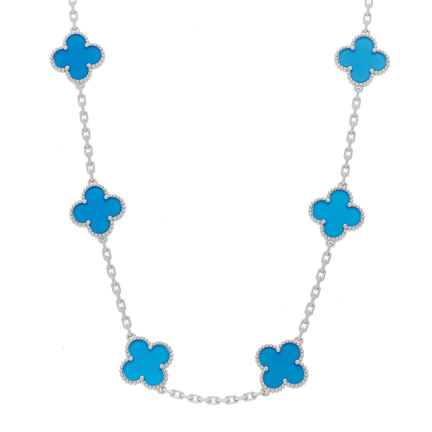Van Cleef & Arpels 18K White Gold Blue Agate 10 Motifs Vintage Alhambra Necklace 1 of 6