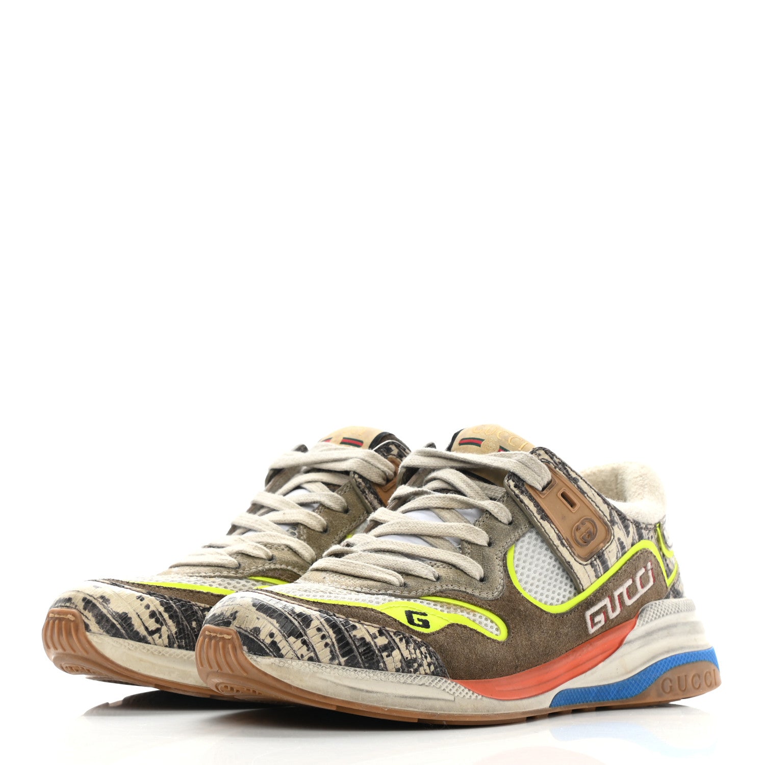 Gucci Suede Calfskin Tejus Printed Womens Ultrapace Sneakers 38 Natural Ardesia Neon Yellow 3 of 14