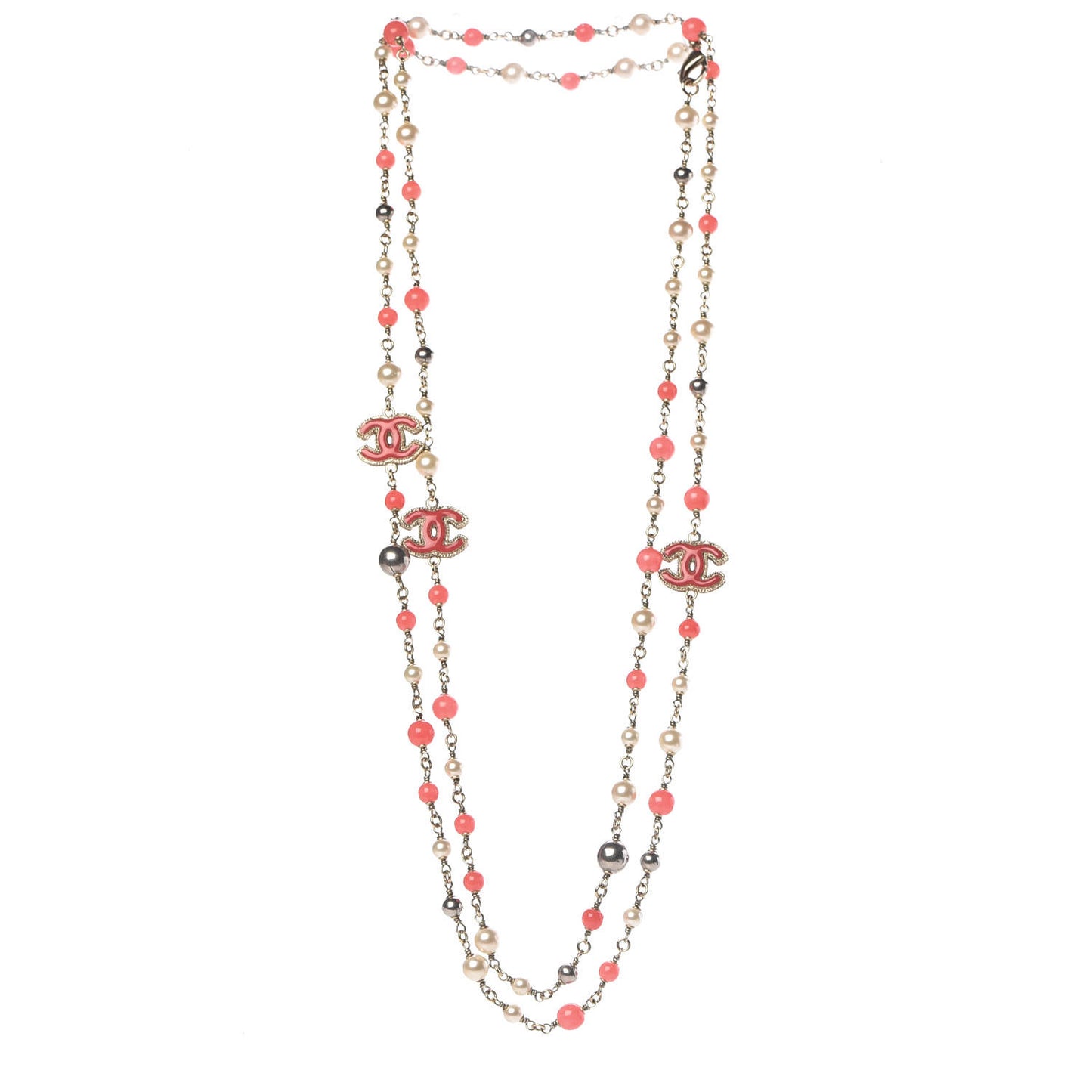 Enamel Bead Pearl CC Long Necklace Pink Gold