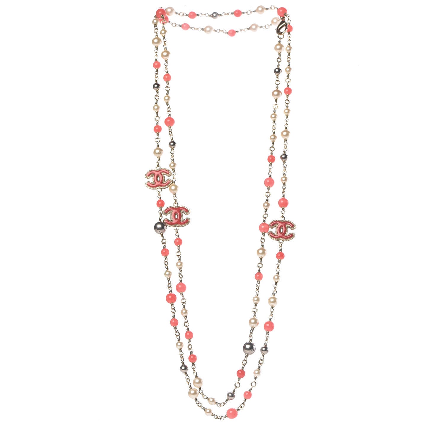 Chanel Enamel Bead Pearl CC Long Necklace Pink Gold 3 of 5