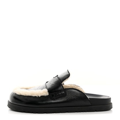 Hermes Glazed Nappa Shearling Shearling Go Mules 38 Black Ecru 1 of 9