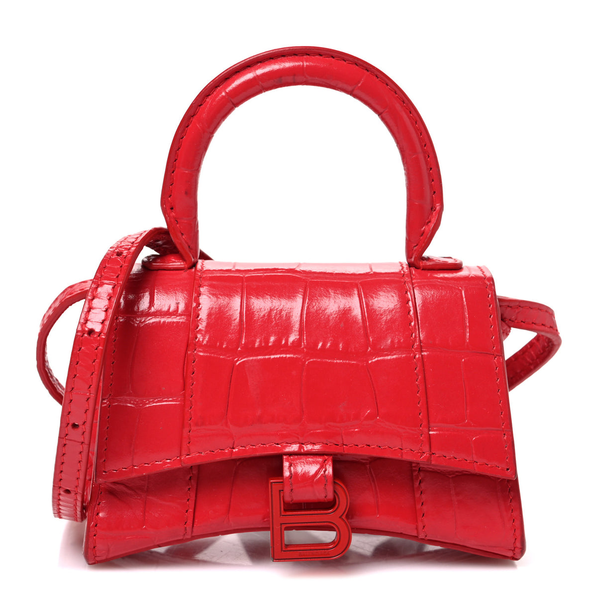 Shiny Calfskin Tonal B Crocodile Embossed Hourglass Top Handle Bag Mini Bright Red