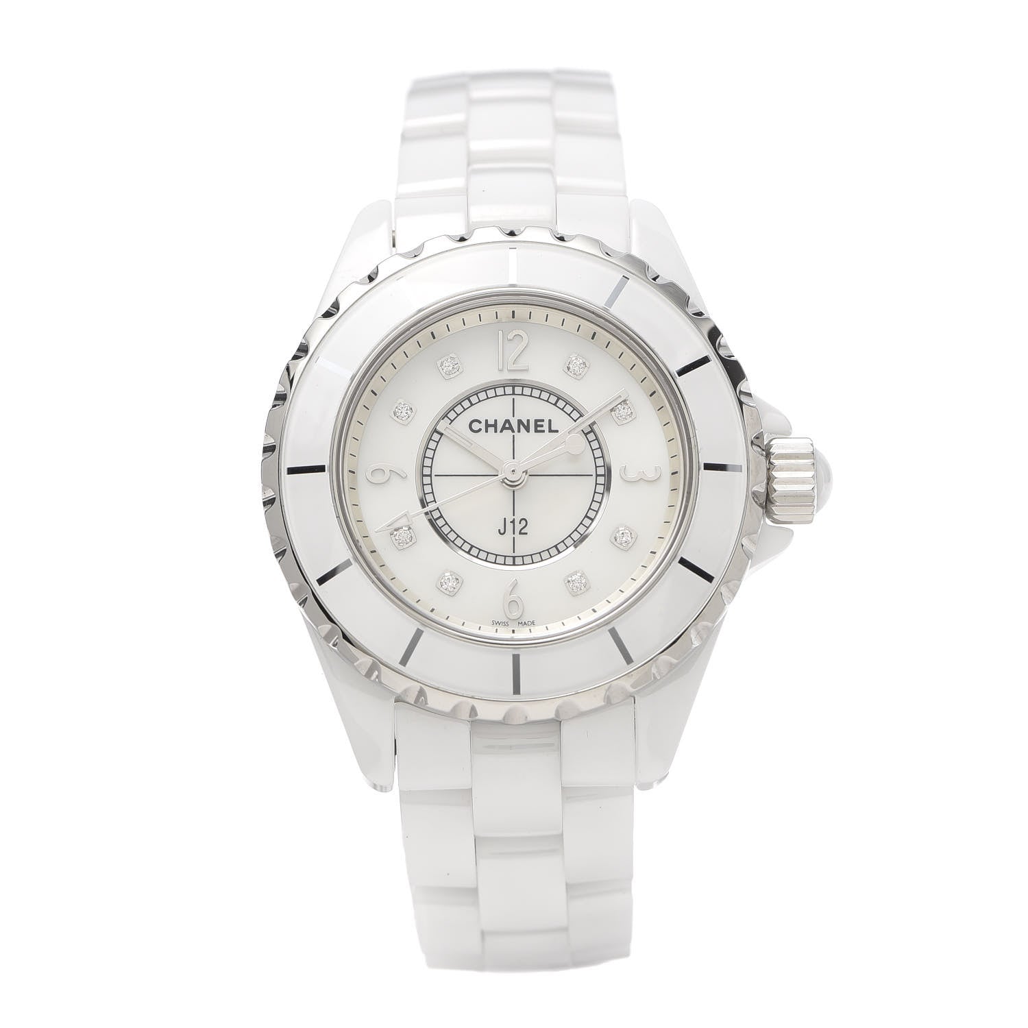 Chanel Stainless Steel Ceramic Diamond Mother of Pearl 33mm J12 Quartz Watch White 1 of 7