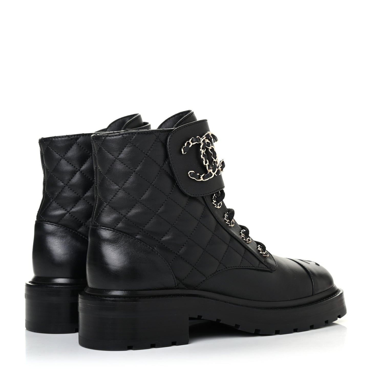 Shiny Lambskin Quilted Lace Up Combat Boots 37 Black