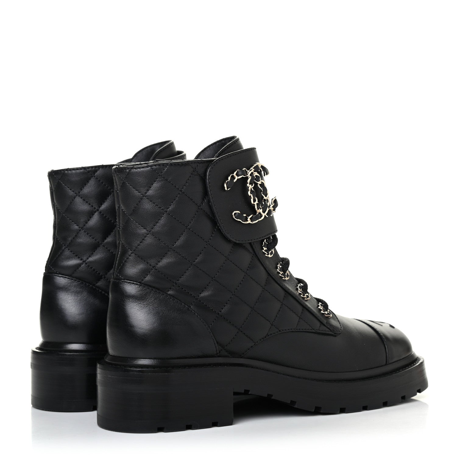 Chanel Shiny Lambskin Quilted Lace Up Combat Boots 37 Black 3 of 4