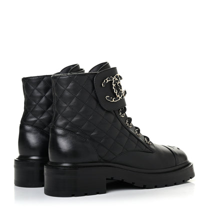 Chanel Shiny Lambskin Quilted Lace Up Combat Boots 37 Black 3 of 4