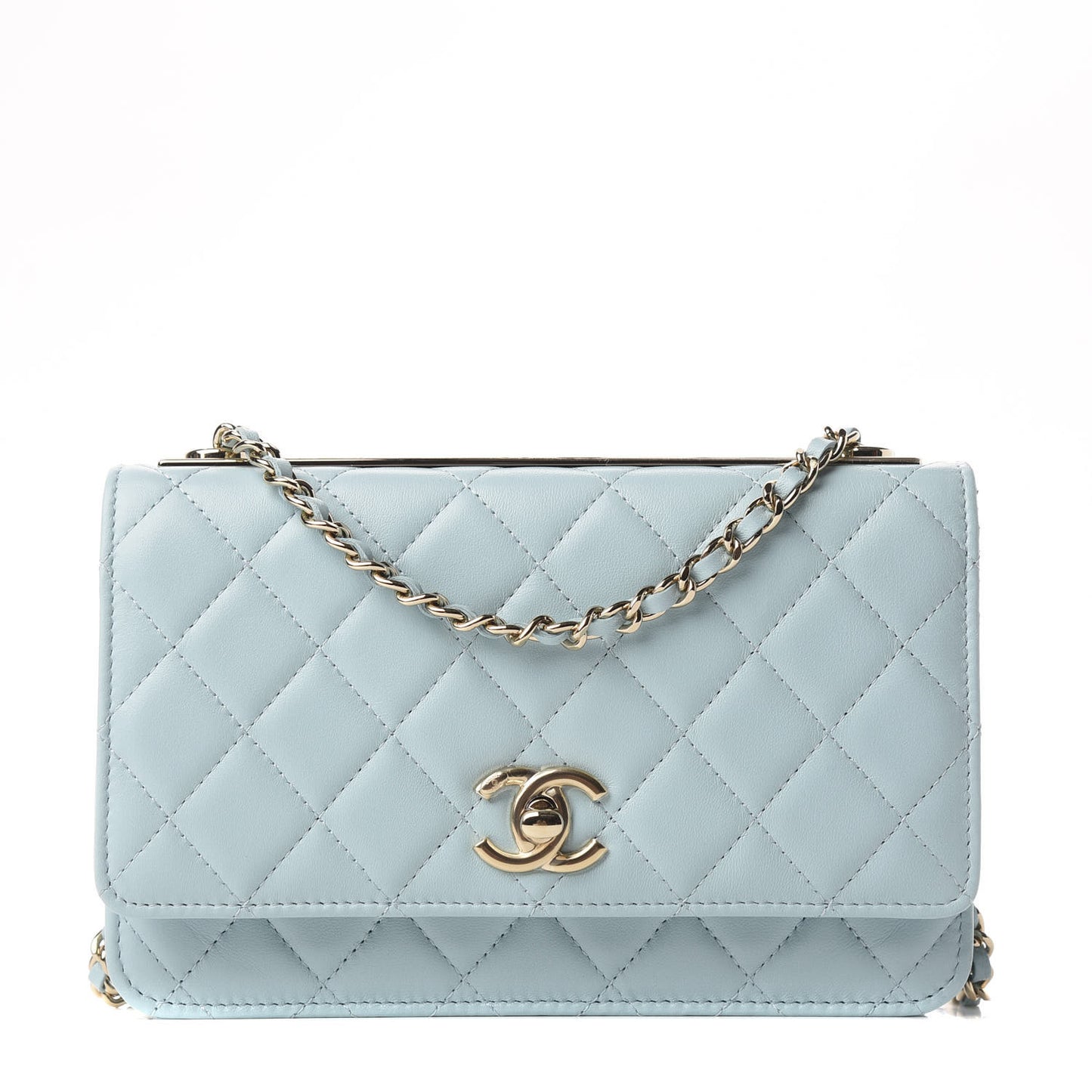 Lambskin Quilted Trendy CC Wallet On Chain WOC Light Blue