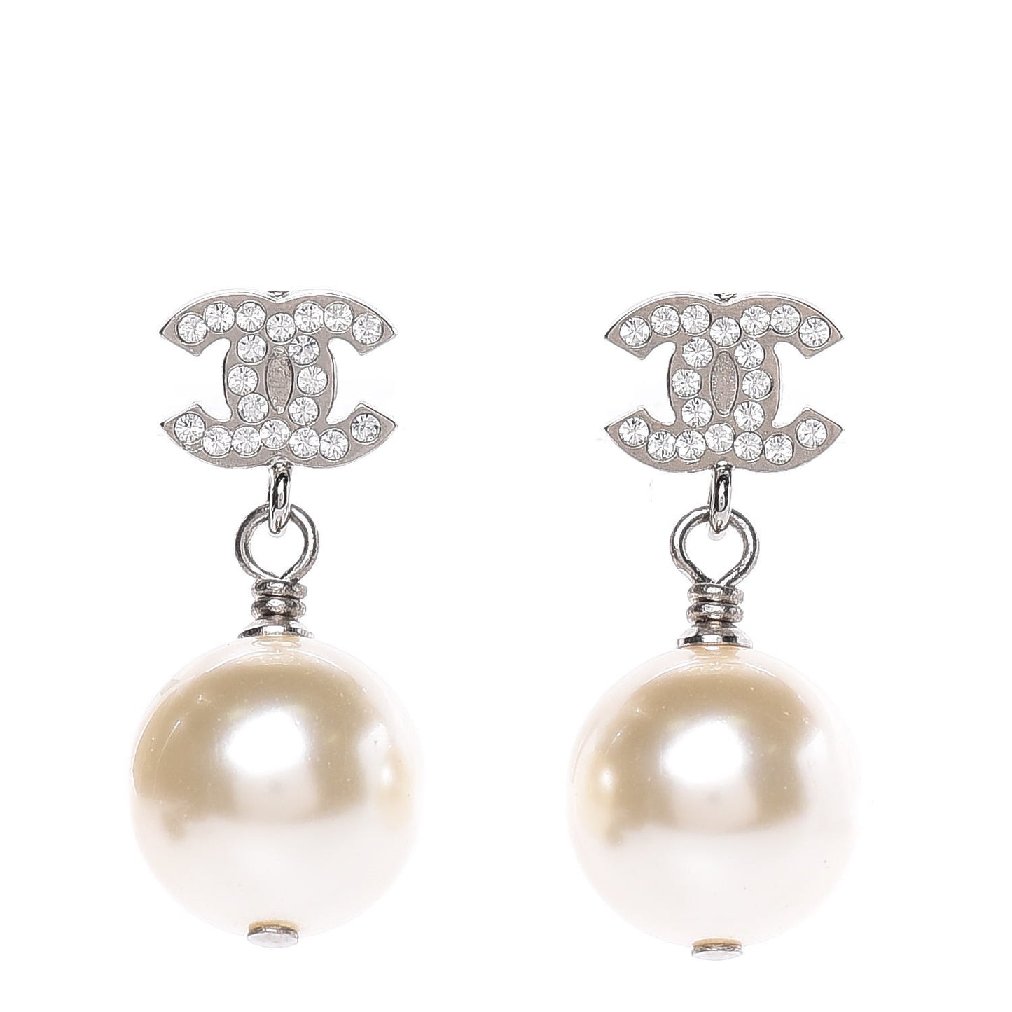 Crystal Pearl CC Drop Earrings Silver Pearly White