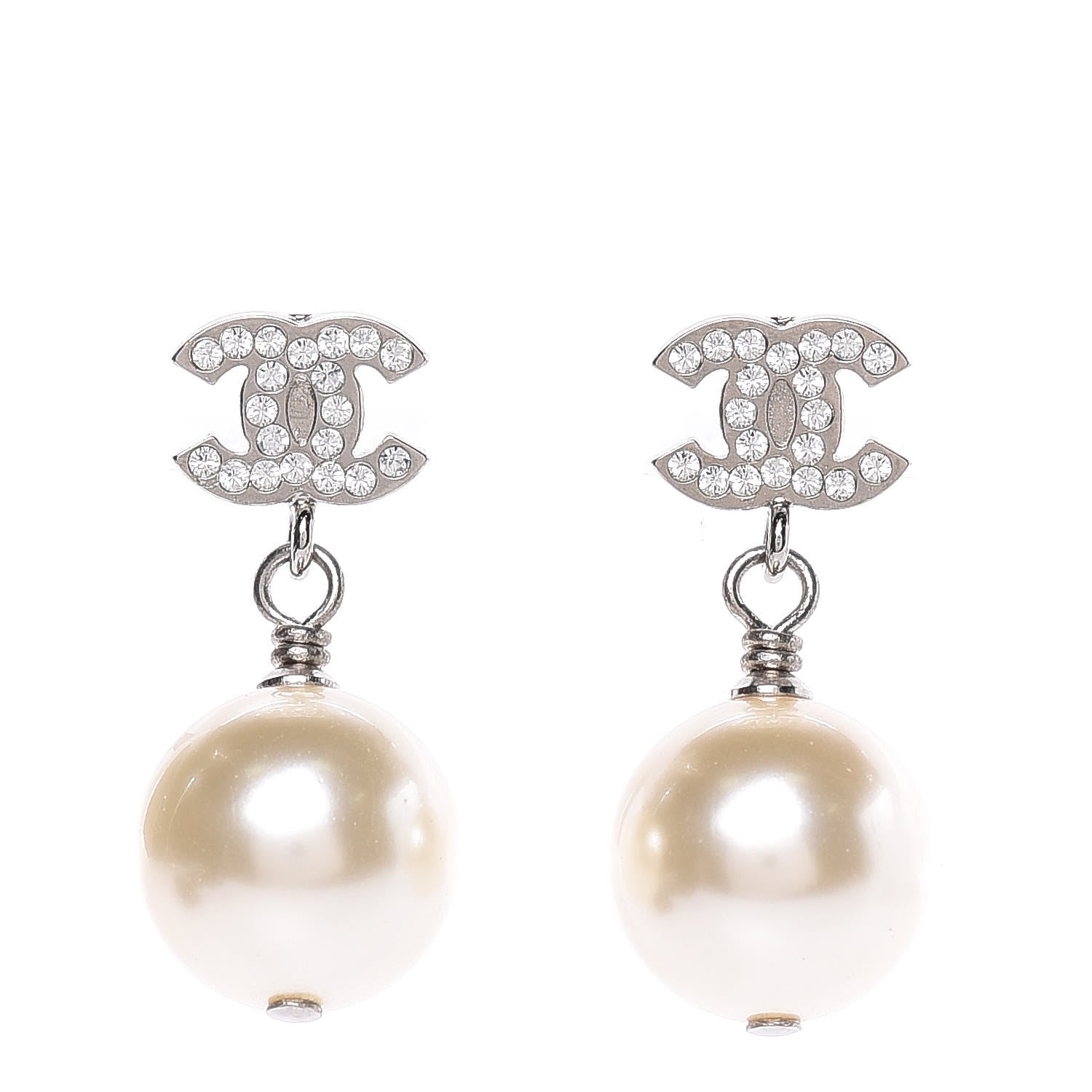 Chanel Crystal Pearl CC Drop Earrings Silver Pearly White 1 of 5