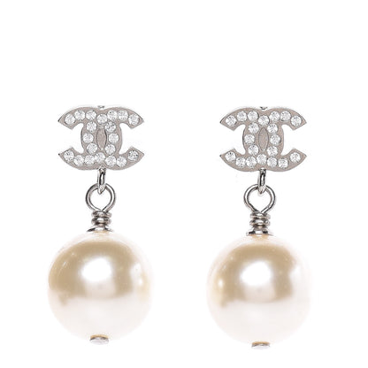 Chanel Crystal Pearl CC Drop Earrings Silver Pearly White 1 of 5