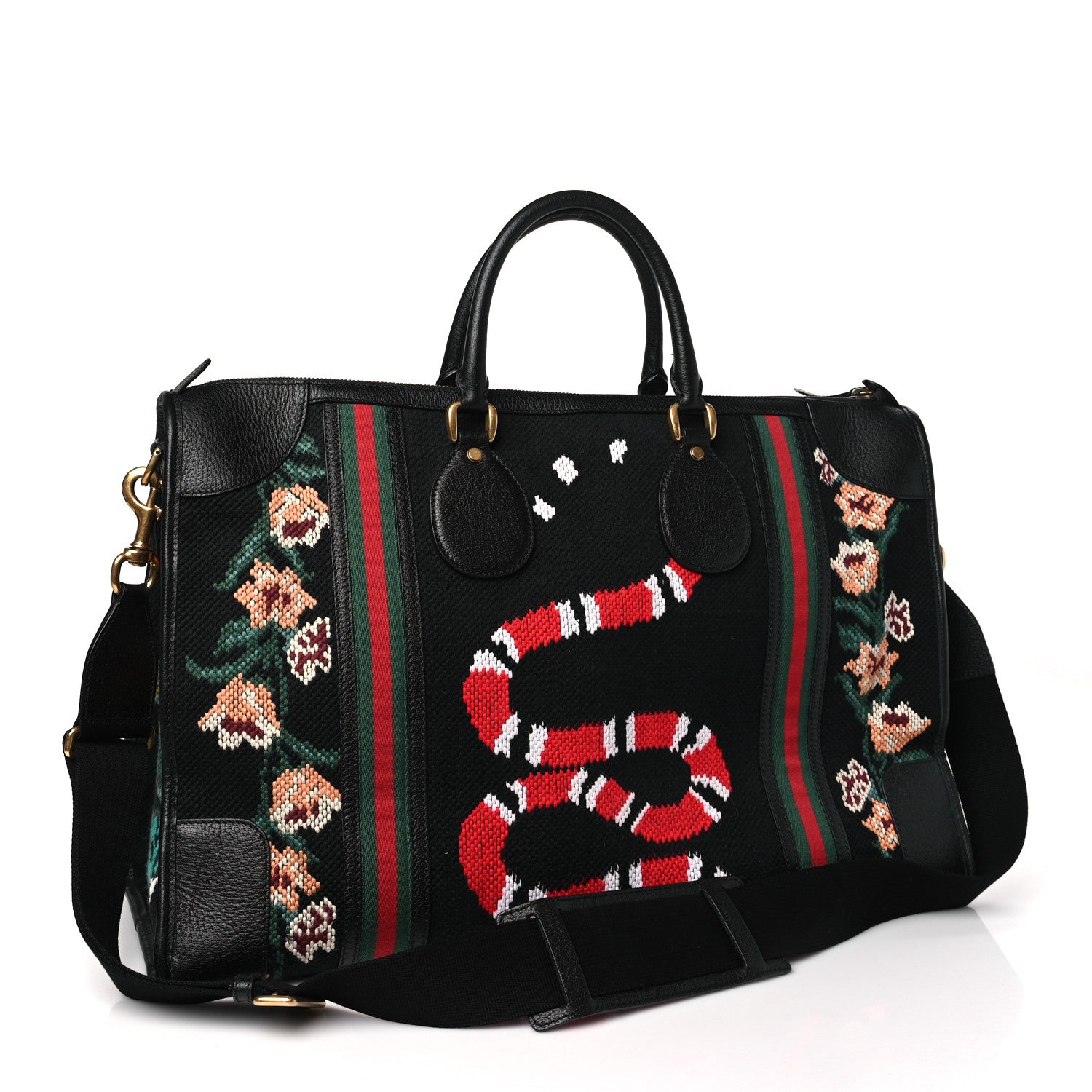 Gucci Needlepoint Calfskin Kingsnake Web Large Duffle Bag Black