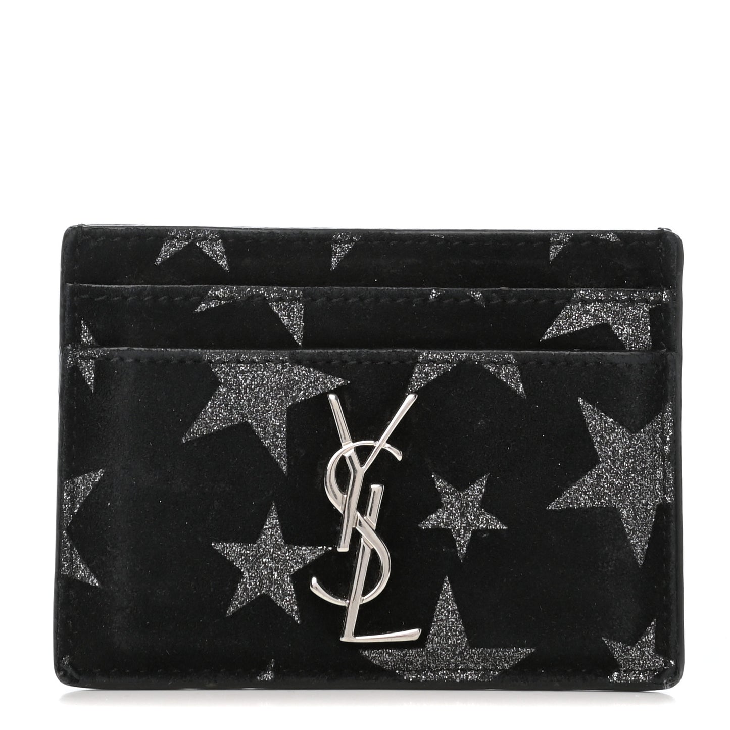 Calfskin Star Embroidered Monogram Credit Card Case Black