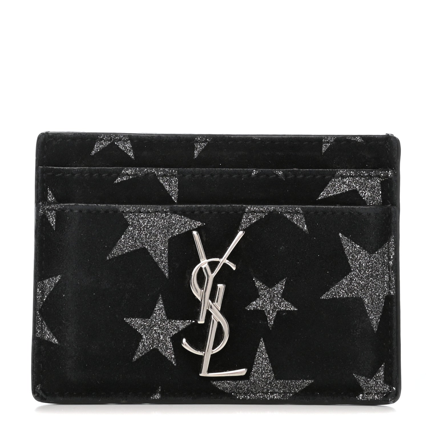 Saint Laurent Calfskin Star Embroidered Monogram Credit Card Case Black 1 of 7