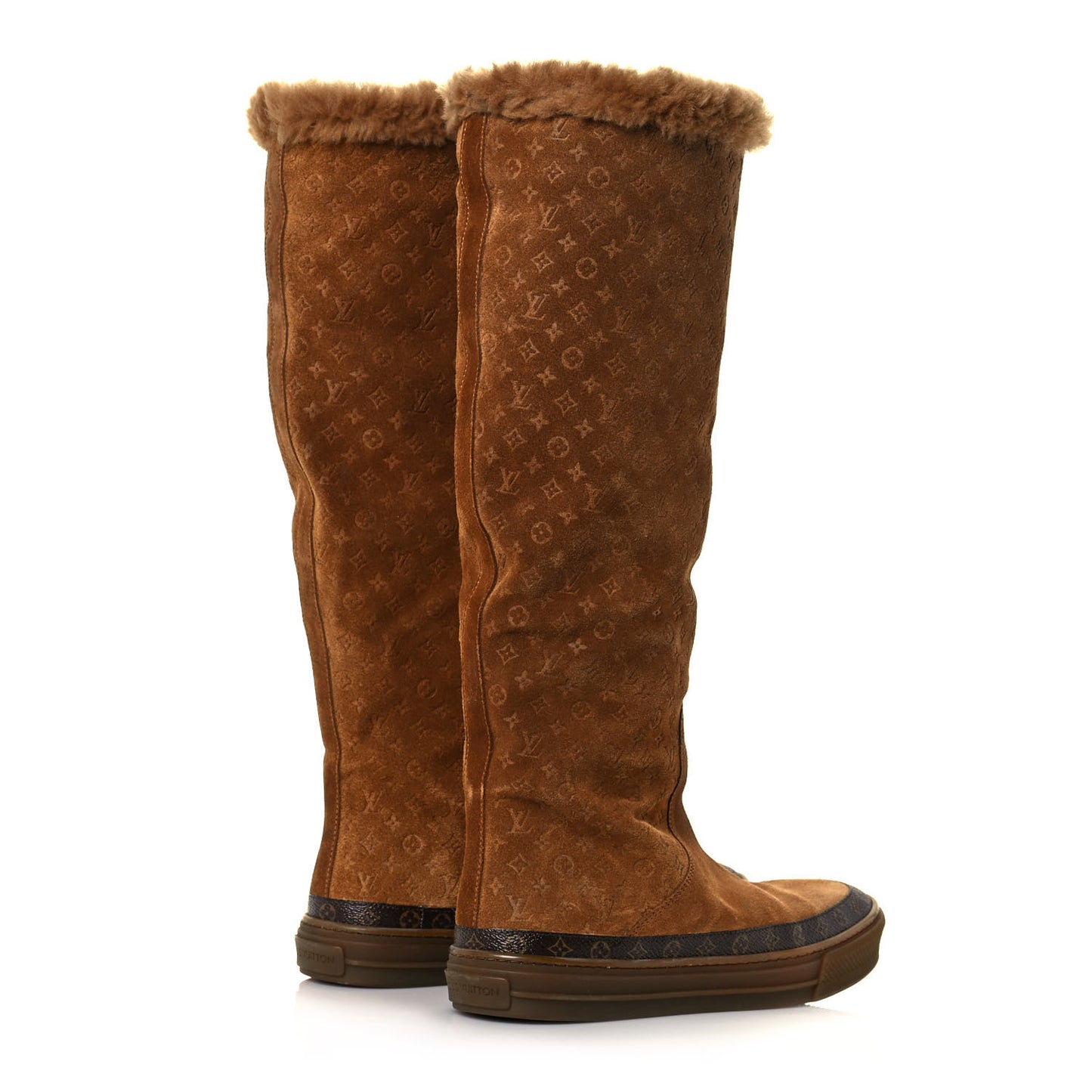 Suede Calfskin Monogram Embossed Snowball Flat Half Boots 38 Cognac