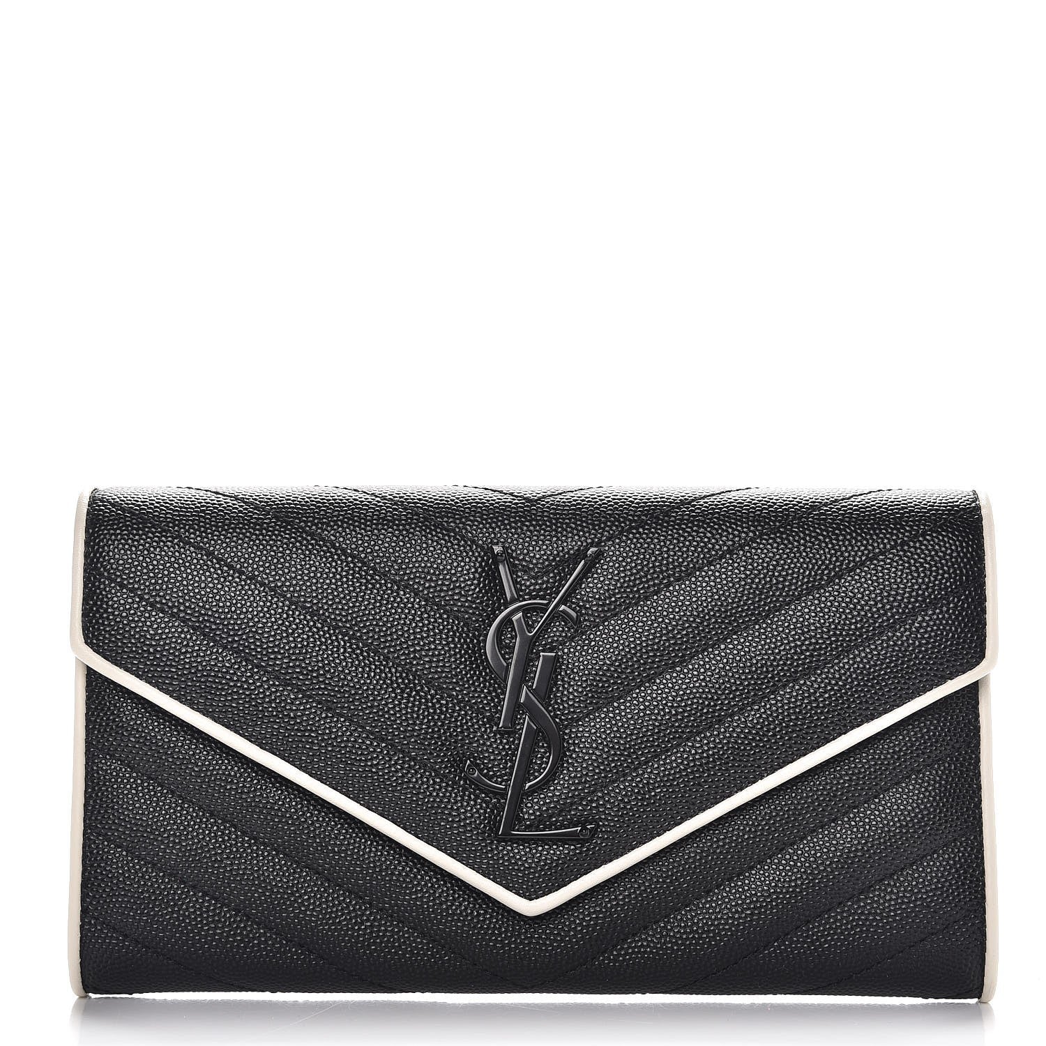 Saint Laurent Grain De Poudre Matelasse Large Monogram Flap Wallet Black Dove White 1 of 8
