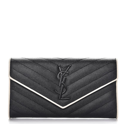 Saint Laurent Grain De Poudre Matelasse Large Monogram Flap Wallet Black Dove White 1 of 8