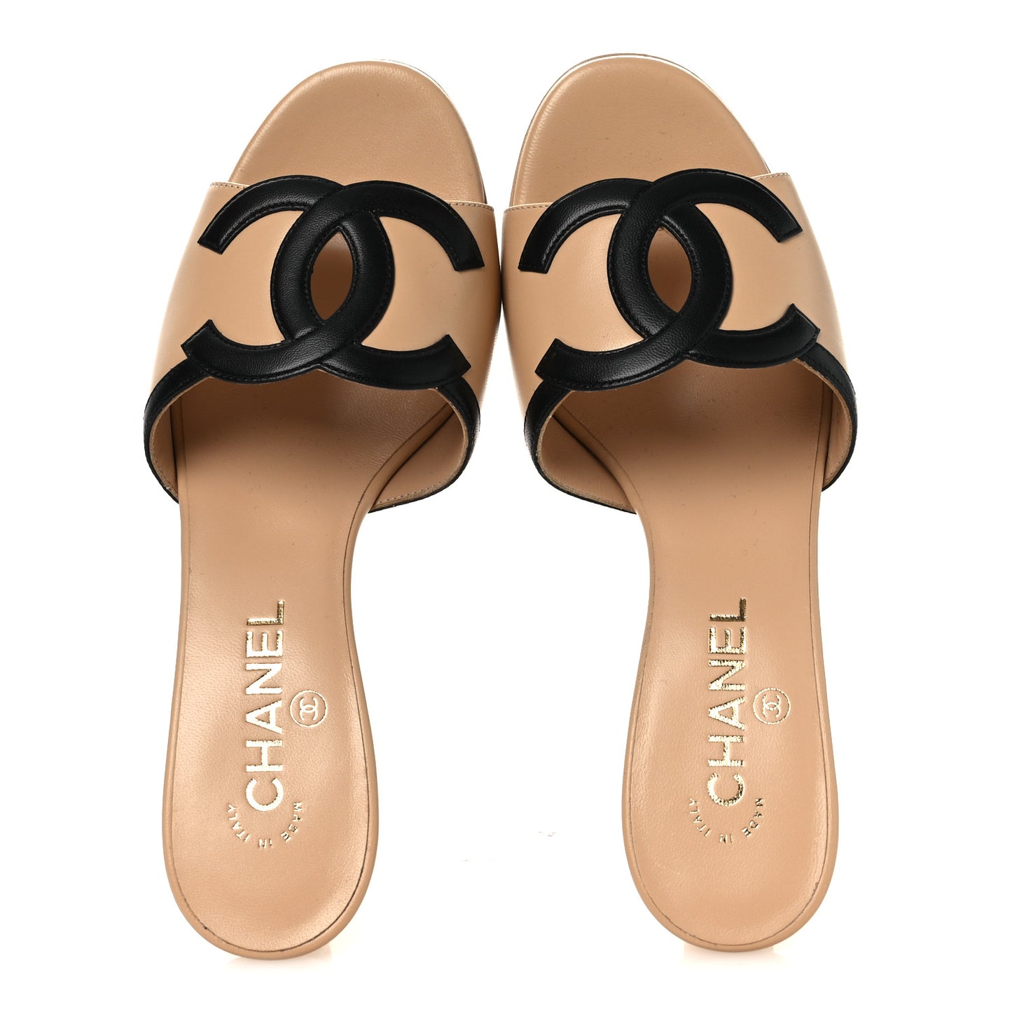 Lambskin CC Cutout Mules 38.5 Beige Black