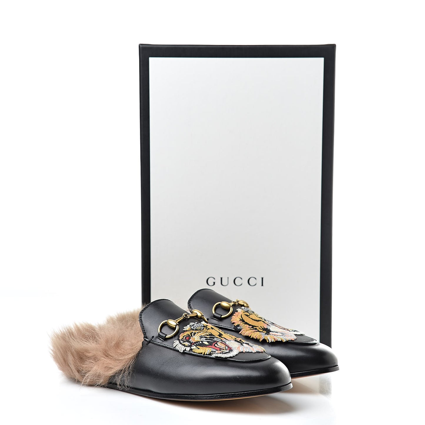 Calfskin Fur Tiger Embroidered Womens Princetown Slippers 36 Black
