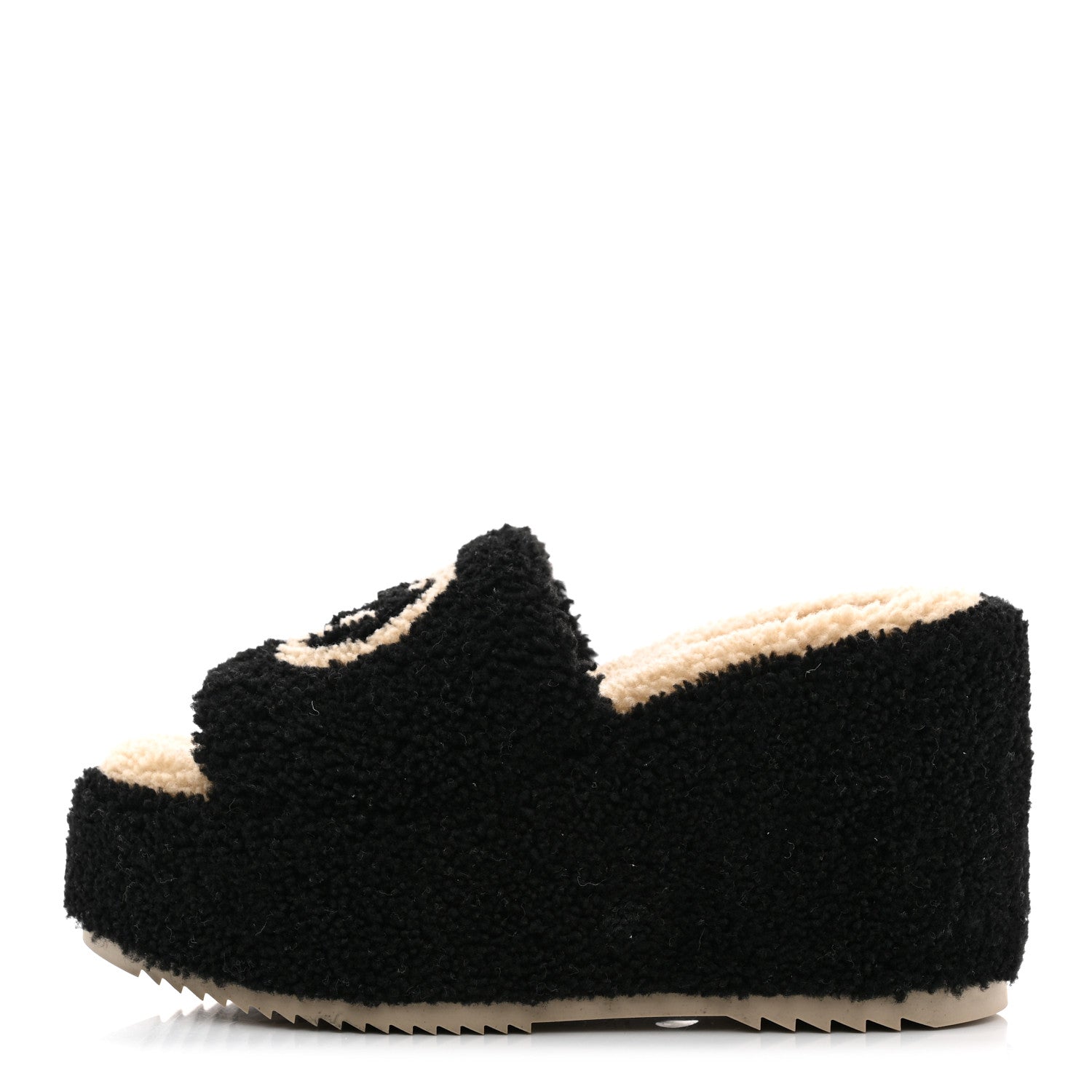 Gucci Shearling Interlocking G Womens Elea Platform Slide Wedge Sandals 38 Black Butterscotch 1 of 9