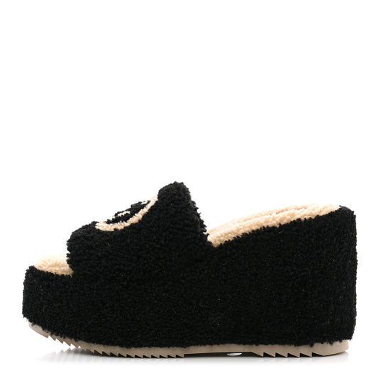 Shearling Interlocking G Womens Elea Platform Slide Wedge Sandals 38 Black Butterscotch