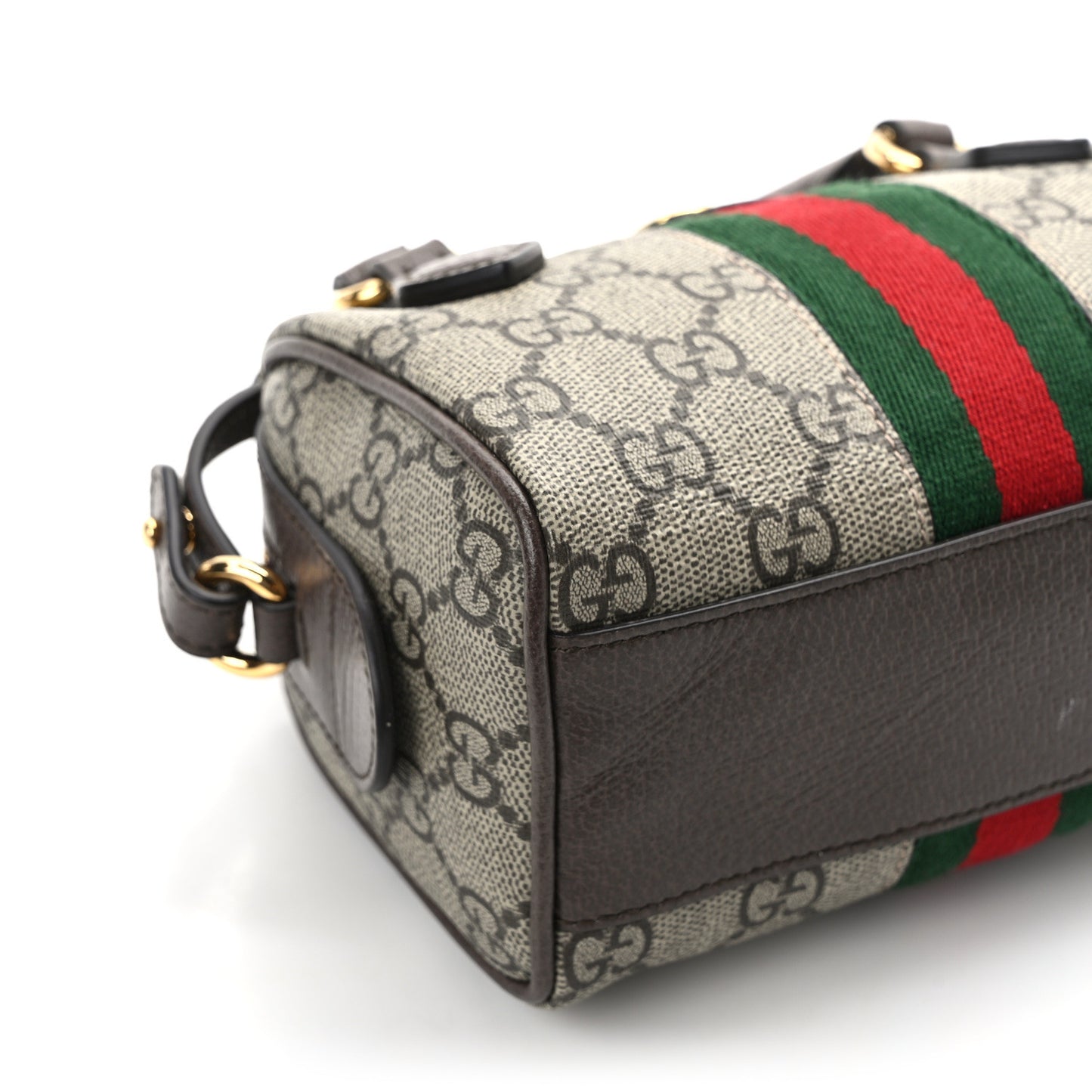 GG Supreme Monogram Textured Dollar Calfskin Web Super Mini Ophidia Top Handle Bowler Bag Beige Ebony New Acero