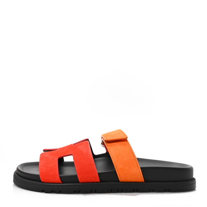 Hermes Suede Goatskin Womens Chypre Sandals 37 Rouge Ecarlate 1 of 9