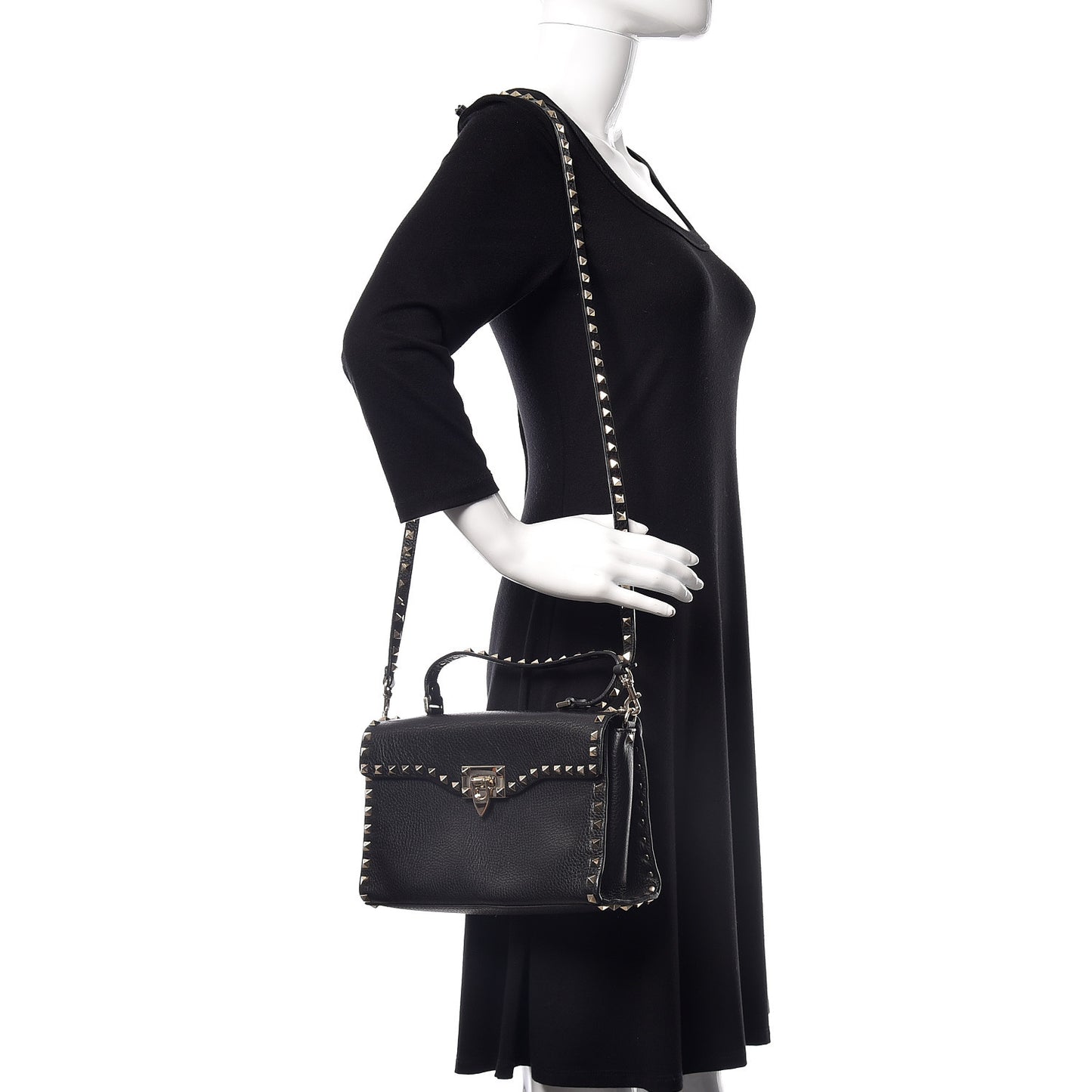 Pebbled Calfskin Small Rockstud Single Handle Flap Bag Black