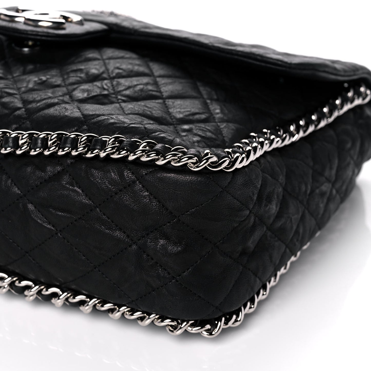 Washed Lambskin Quilted Maxi Chain Around Flap Black
