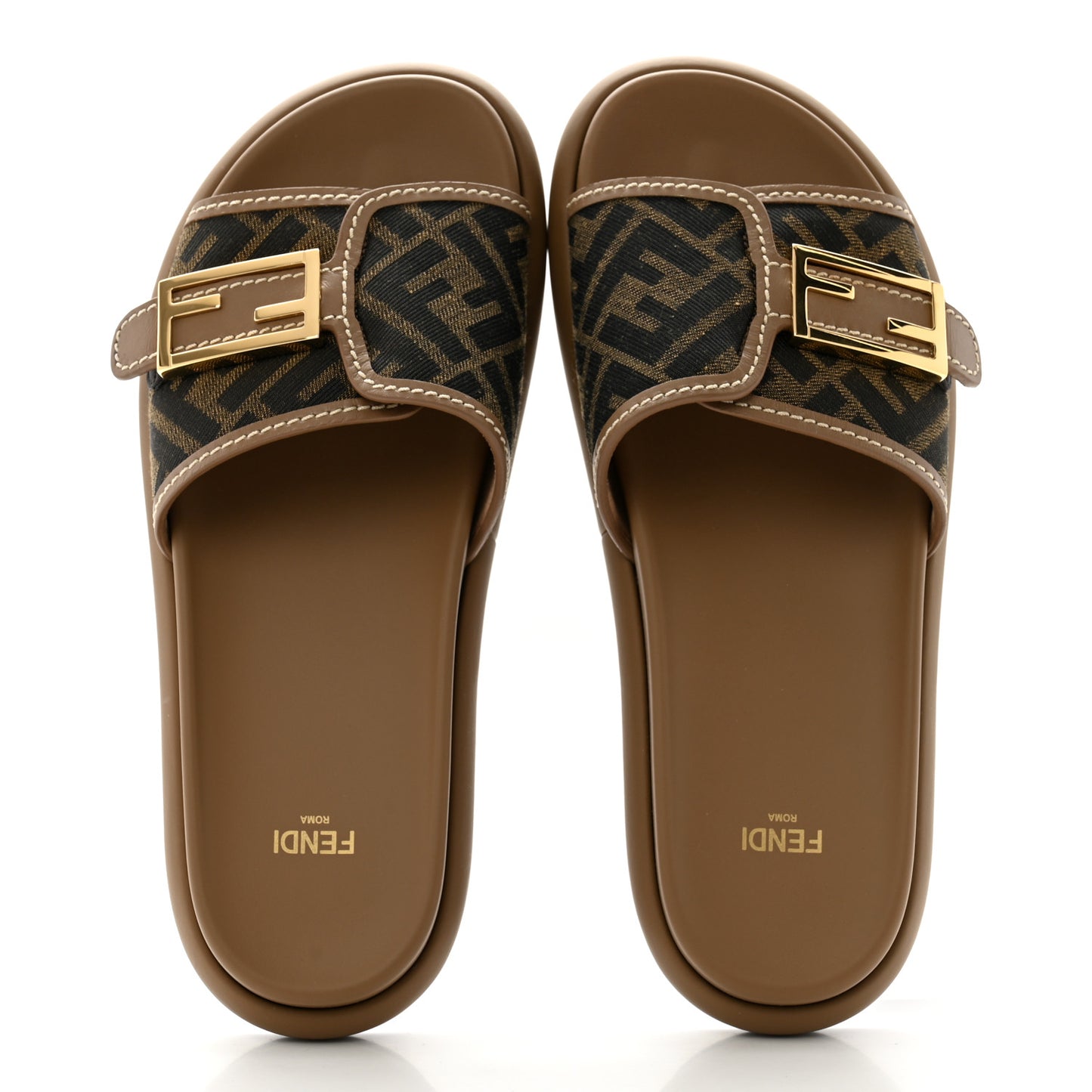 Fabric Jacquard Nappa FF Womens Fendi Feel Slide Sandals 37.5 Tobacco Black Miele Scuro