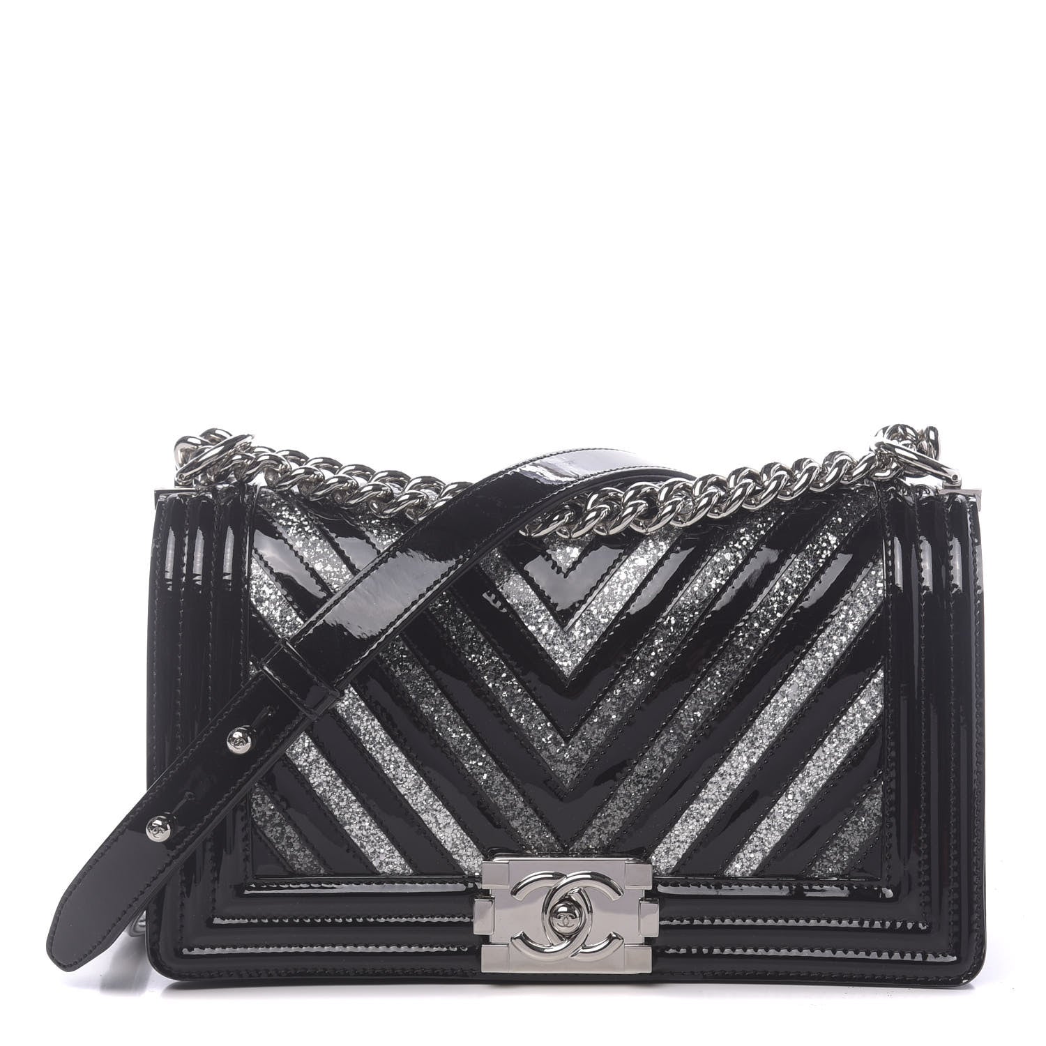 Chanel Patent Glitter PVC Chevron Quilted Medium Boy Flap Black Silver 1 of 13