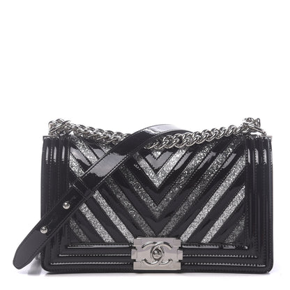 Chanel Patent Glitter PVC Chevron Quilted Medium Boy Flap Black Silver 1 of 13