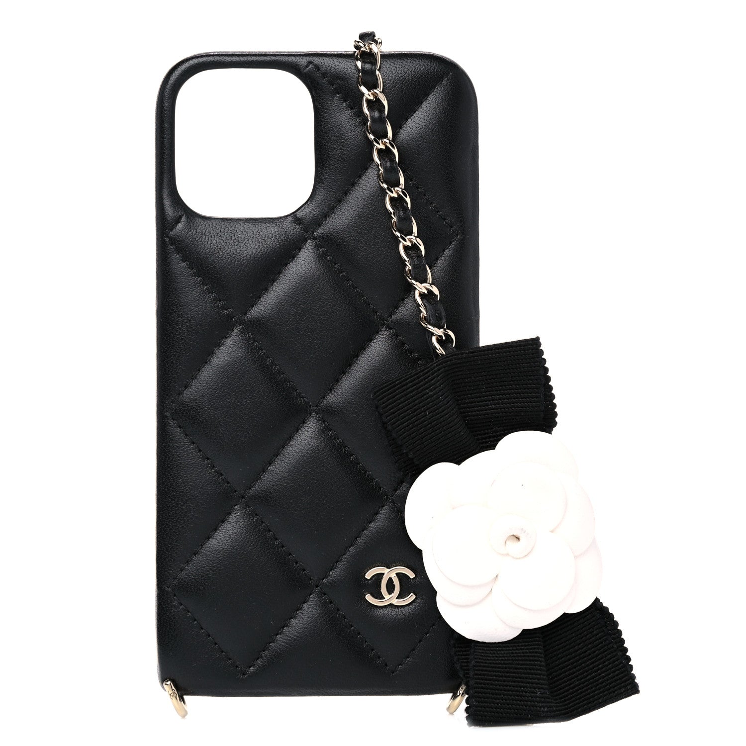 Chanel Lambskin Quilted Camellia Bow iPhone XII Pro Holder With Chain Black 1 of 7
