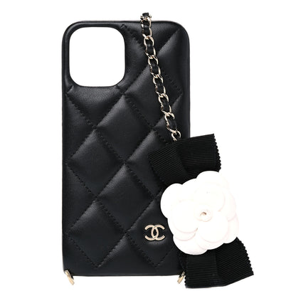Chanel Lambskin Quilted Camellia Bow iPhone XII Pro Holder With Chain Black 1 of 7