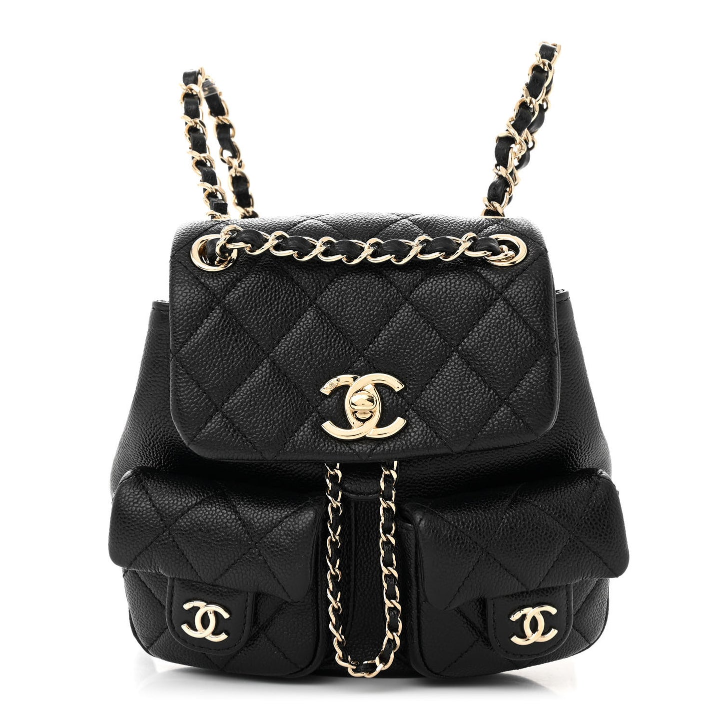 Shiny Caviar Quilted Small Duma Pockets Drawstring Backpack Black