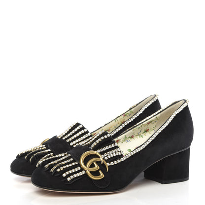 Gucci Kid Scamosciato Crystal GG Marmont Fringe 50mm Loafer Pumps 36.5 Black 3 of 9