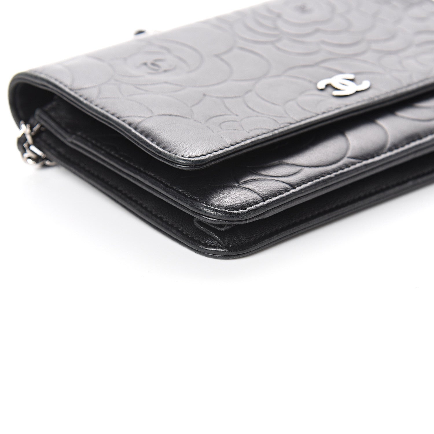 Chanel Lambskin Camellia Embossed Wallet on Chain WOC Black 8 of 9
