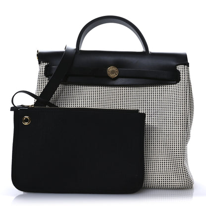 Hermes Vache Hunter Toile Quadrille Viking Herbag Zip Retourne 31 PM Ecru Black 7 of 24