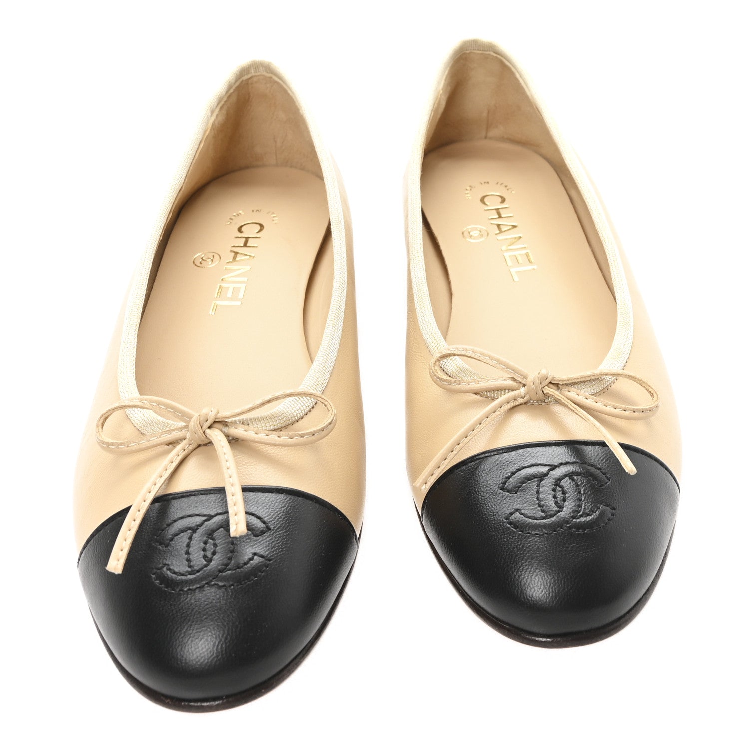 Chanel Lambskin Cap Toe CC Ballerina Flats 37.5 Beige Black 3 of 11