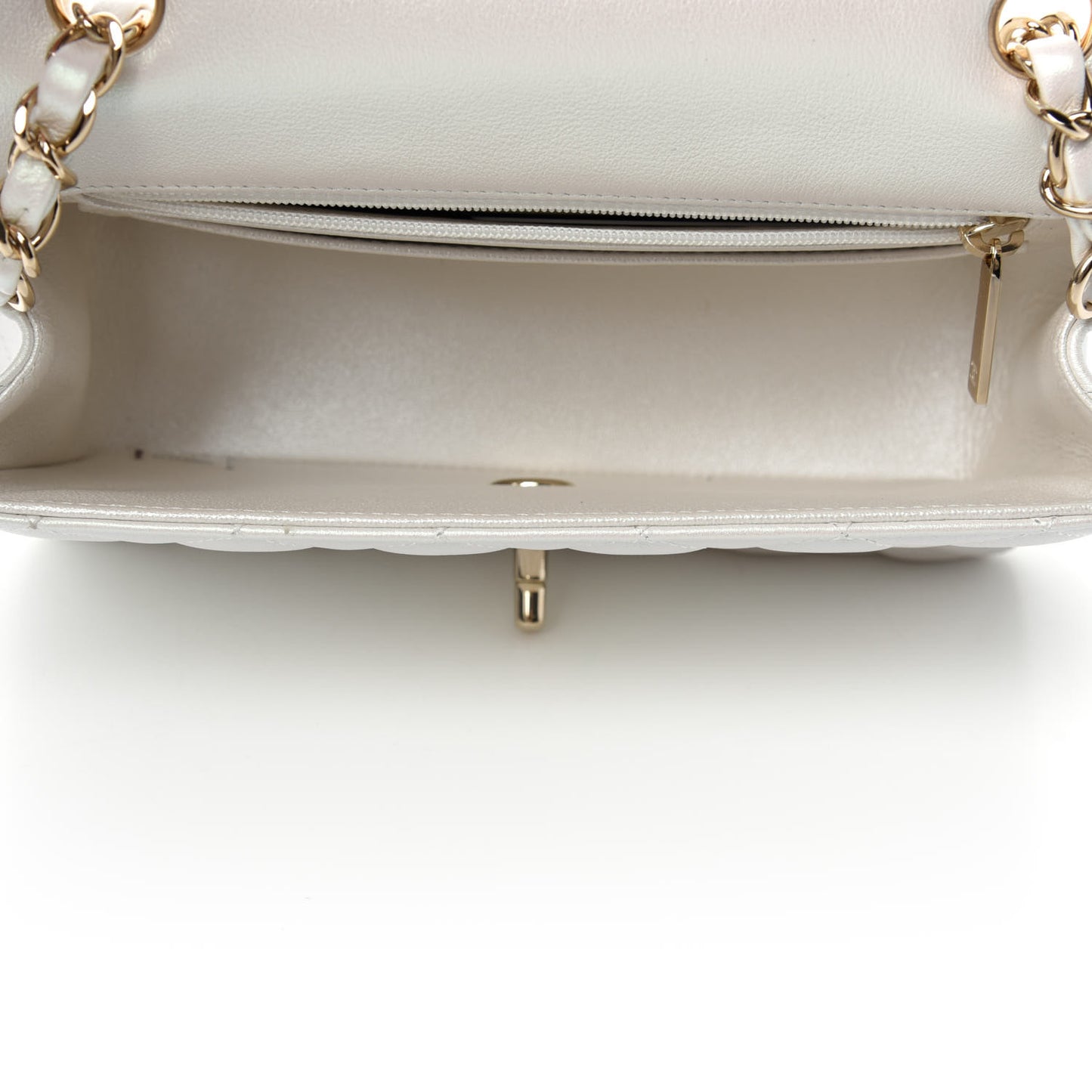 Iridescent Calfskin Quilted Mini Rectangular Flap White