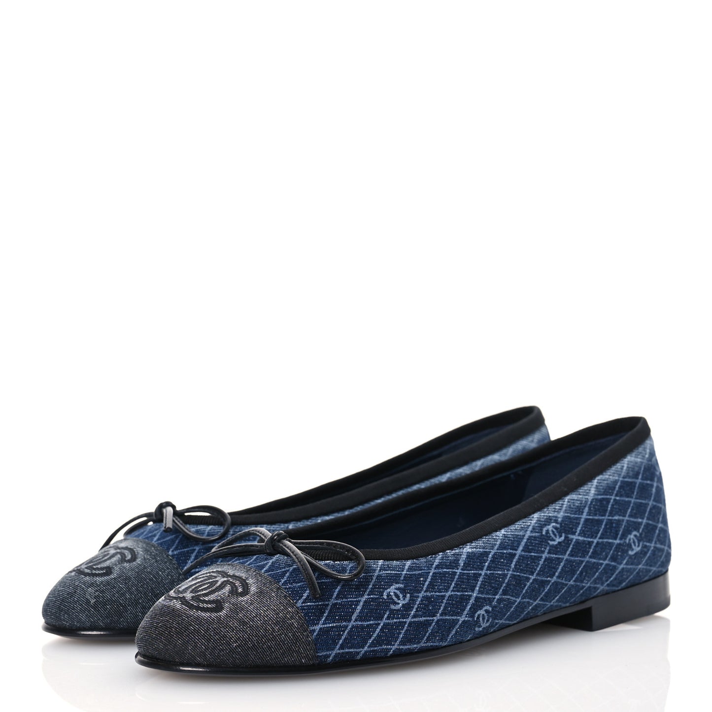 Denim Printed Quilt CC Cap Toe Ballerina Flats 36 Navy Blue Dark Grey