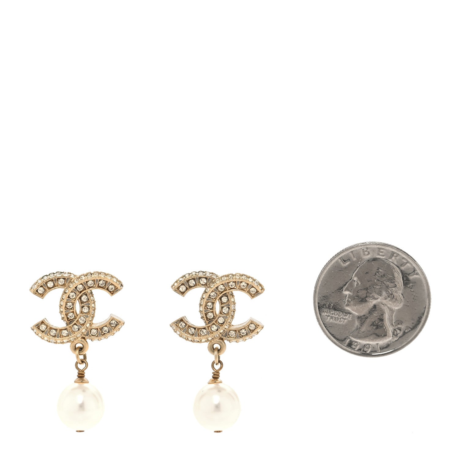 Chanel Crystal Timeless CC Pearl Drop Earrings Light Gold 2 of 5