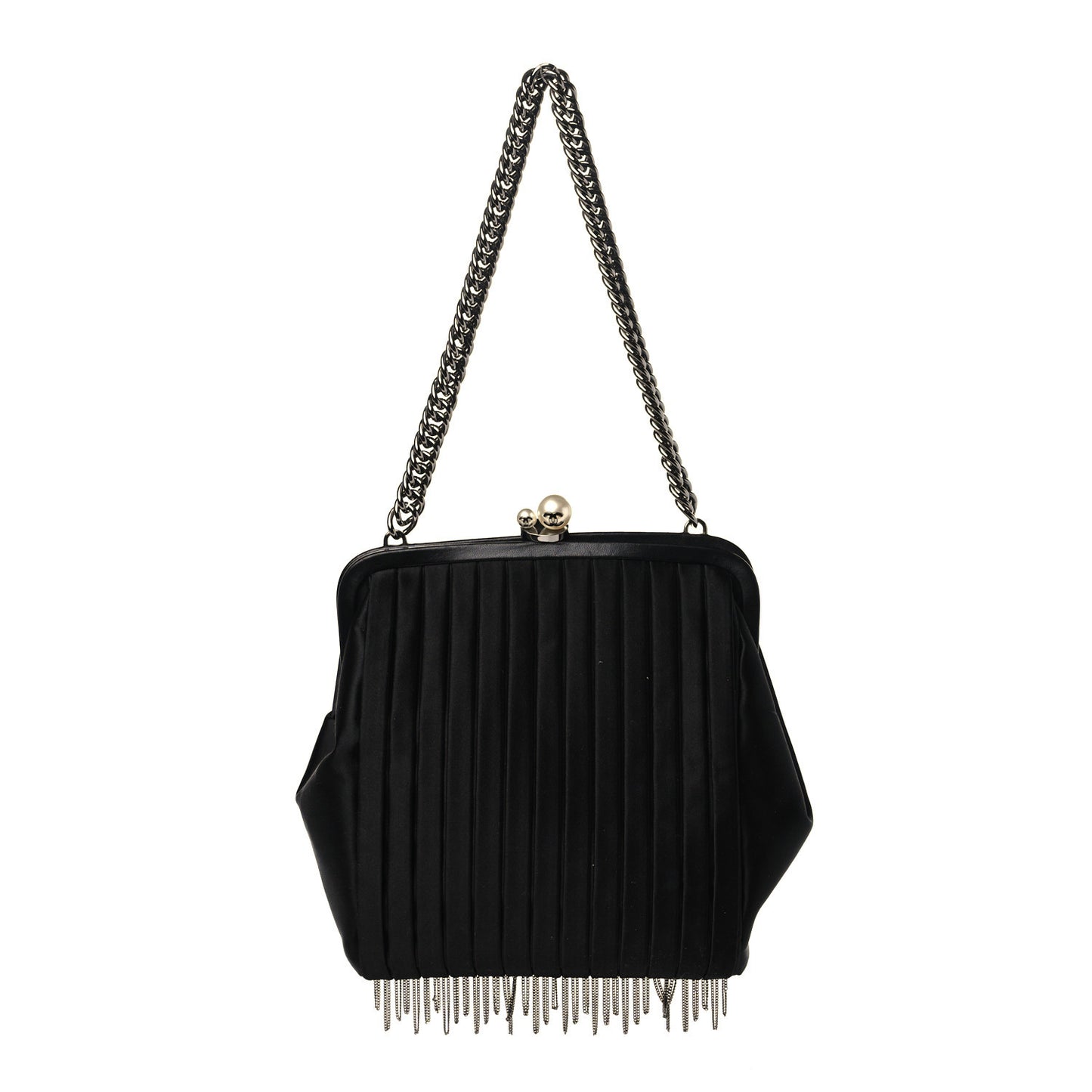 Satin Vertical Pleats Chain Fringe Evening Bag Black