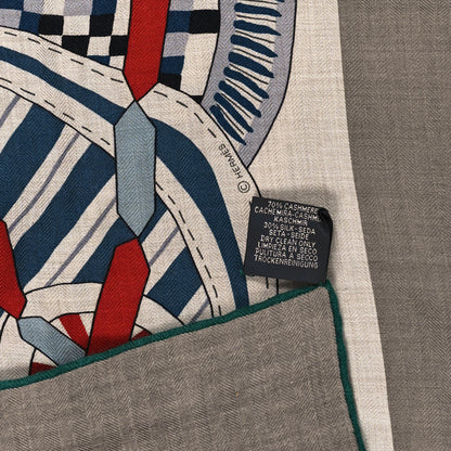 Hermes Cashmere Silk La Selle Imaginaire Shawl 140 Gris Cendre Naturel Bleu 3 of 4