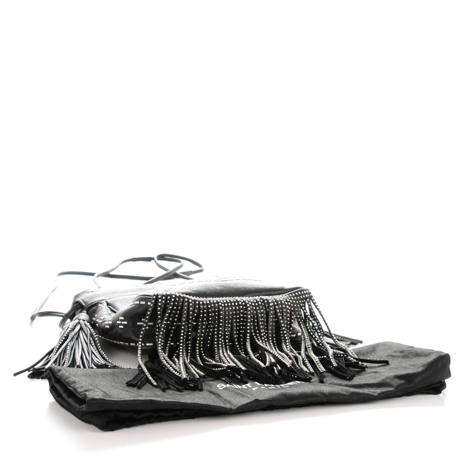 Saint Laurent Lambskin Oxidized Nickel Studded Small Helena Fringed Bucket Bag Black 4 of 7