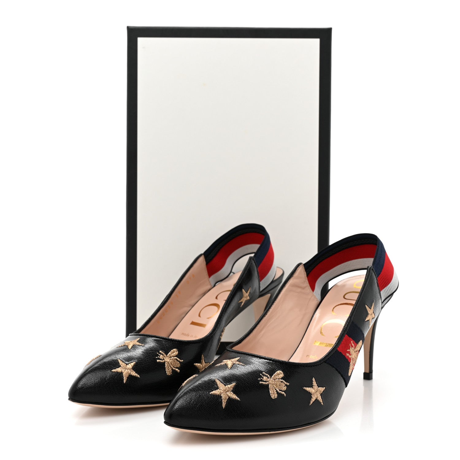 Gucci Malaga Kid Web Bee Star Embroidered Sylvie High Heel Slingback Pumps 39 Black 9 of 9