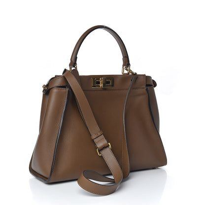 Fendi Vitello Seta Fabric Jacquard Pequin Medium Peekaboo Iconic Satchel Foresta Tobacco 3 of 14