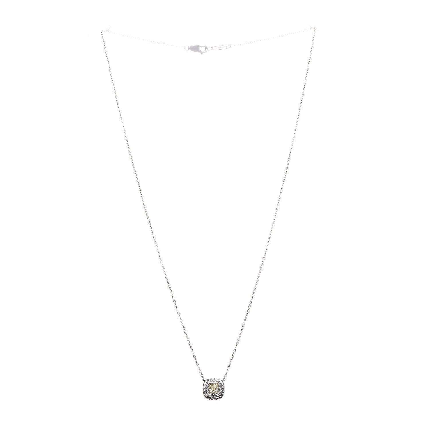 Tiffany Platinum 18K Yellow Gold Diamond Fancy Yellow Diamond .19ct Soleste Cushion-Cut Halo Pendant Necklace 4 of 7
